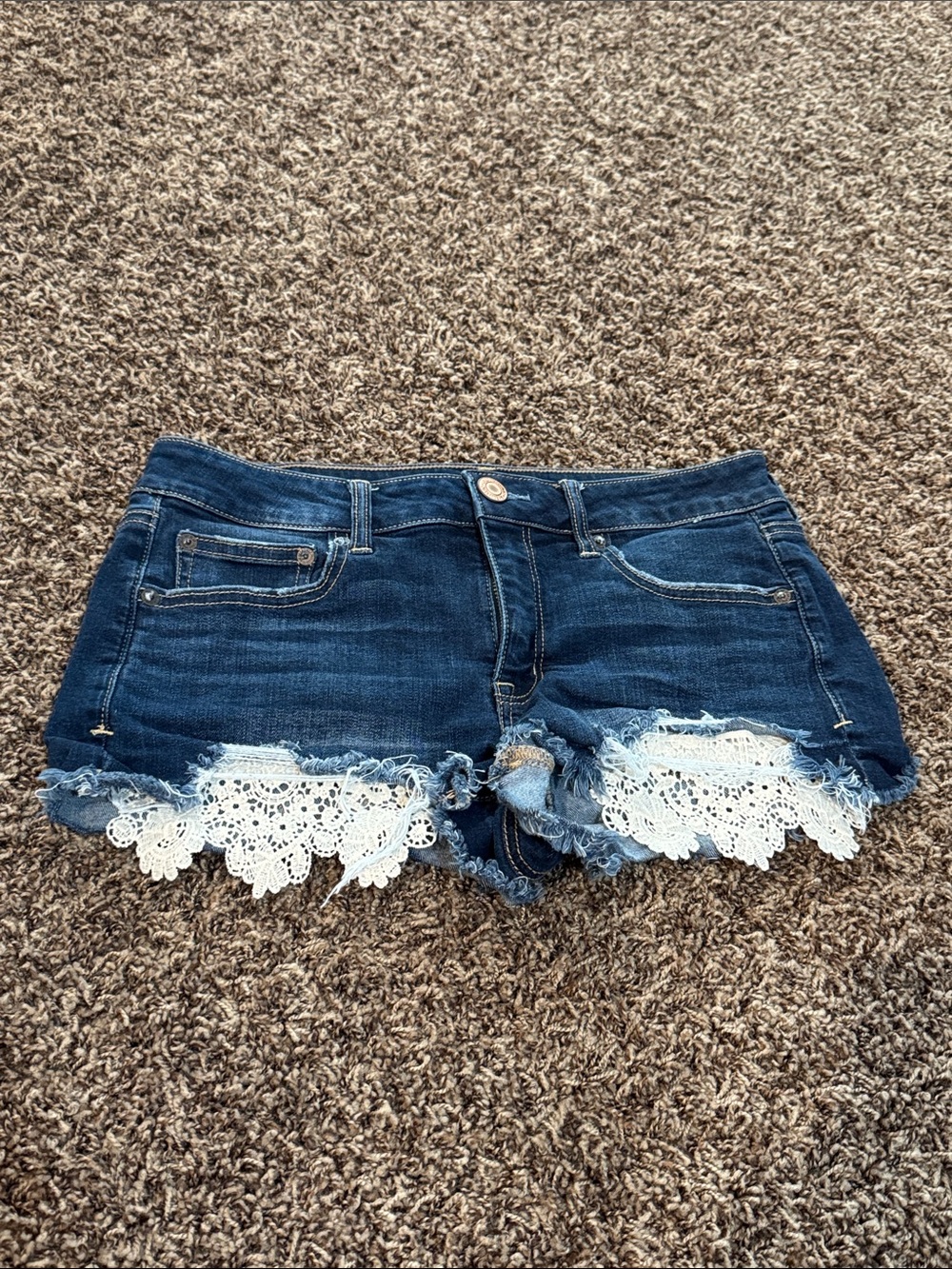 American Eagle Outfitters Dark Blue Denim Shorts with White Lace Trim
